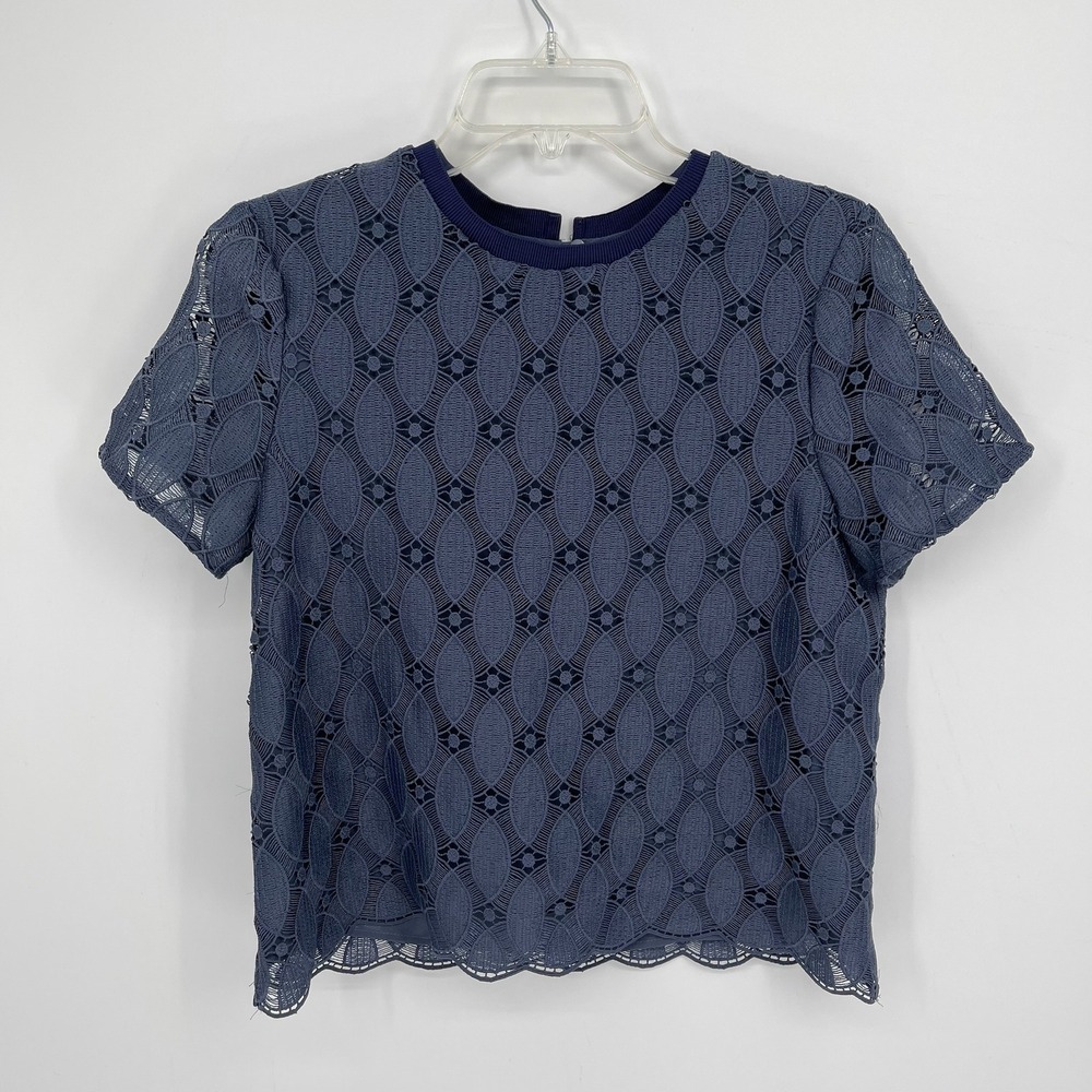 MNG Mango Women's Blue Geometric Guipure Sheer Lace Short Sleeve Blouse Size XS